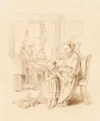 Oscar Pletsch, Und nun trägst du schon Zöpfchen!, 1861, Pen and ink drawing