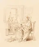 Oscar Pletsch, Und nun trägst du schon Zöpfchen!, 1861, Pen and ink drawing
