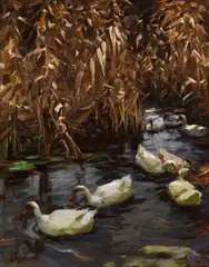Alexander Koester, Acht Enten im Herbstschilf, Ca. 1900-1905, Oil on canvas