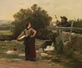 Václav (Wenzel von) Brozík, Wäscherin und Bursche am Bachufer im Gespräch, Ca. 1890, Oil on canvas