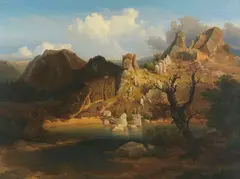 Carl Dahl, Landschaft mit schroffer Felsenpartie und Bergsee, 1840, Oil on canvas