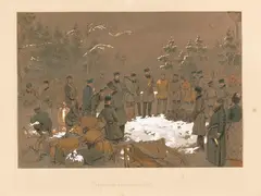 Zichy Mihály, Mittagsrast der Bärenjäger (Déjeuner en plein air), 1872, Pen and ink drawing