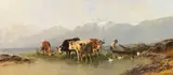 Christian Mali, Bauer und Bäuerin mit Gänsen und Kühen am Achensee