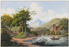 Joseph August Knip, Schloss Saint Maurice mit Brücke über die Rhône, im Schweizer Kanton Wallis, Um 1810, Watercolor