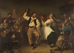 Max Rentel, Fischertanz (Motiv aus der Kurischen Nehrung), Um 1880, Oil on panel