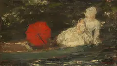 Albert von Keller, Frau und Kind im Freien mit rotem Parasol, Ca. 1870-1890, Oil on canvas