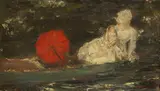 Albert von Keller, Frau und Kind im Freien mit rotem Parasol, Ca. 1870-1890, Oil on canvas