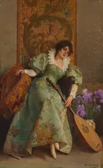 Alfonso Savini, Junge Dame mit Laute, Oil on panel
