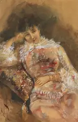 Alfred Stevens, Porträt der Sarah Bernhardt, Um 1880, Watercolor