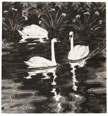 Otto Eckmann, Drei Schwäne auf dunklem Gewässer, 1895, Woodcut in colors