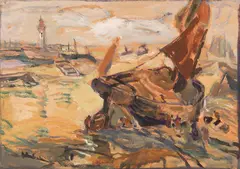 Julius Seyler, Segelschiff im Watt, Um 1912, Mixed media