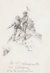 2 Bll.: Bergwanderer am Hochfeiler. Zwei Bergsteiger am Gipfel by Edward Theodore Compton, Ca. 1880/90, Pen and ink drawing, sold Nov 2015