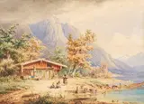 Anton Doll, Berghütte am See, Watercolor