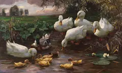 Alexander Koester, Erpel mit Enten und Küken am Seeufer, Ca. 1905-1910, Oil on canvas
