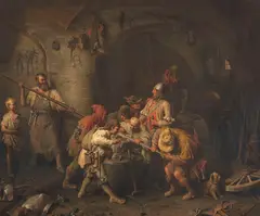 Die sieben Schwaben in der Schmiede beim Prüfen ihres Spießes by Peter Baumgartner, 1866, Oil on canvas, sold May 2015