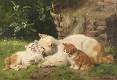 Julius Anton Adam, Katzenmutter mit ihren beiden Jungen, Um 1900, Oil on canvas