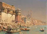 Erich Kips, Munshi Ghat in Varanasi (ehem. Benares) am Ganges, Indien, Ca. 1928, Oil on cardboard