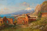 Carl Wuttke, Blick vom antiken Theater in Taormina auf den Ätna, Ca. 1880, Oil on panel