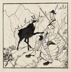 Thomas Theodor Heine, Bethmann-Hollweg auf der Gamsjagd, Ca. 1900-1920, Pen and India ink drawing