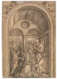 Albrecht Durer, Die Heilige Familie mit zwei Engeln in der gewölbten Halle, Um 1503/04, Woodcut