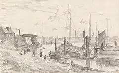 Paul Baum, Hamburger Hafenansicht mit Lastkähnen, 1882, Pencil drawing