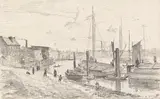 Paul Baum, Hamburger Hafenansicht mit Lastkähnen, 1882, Pencil drawing