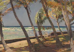 Waikiki Strand by Erich Kips, Ca. 1928, Oil on cardboard, sold May 2015