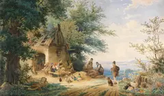Anton Doll, Sommerliche Landschaft mit Bauern bei der Flachsverarbeitung, Ca. 1860/70, Watercolor