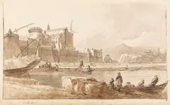 Ignace Duvivier, Blick auf das Castel Nuovo (genannt Maschio Angioino) in Neapel, Pen and ink drawing