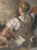 Paul Mathias Padua, Junges Dirndl in Rückenansicht, 1947, Oil on fibreboard
