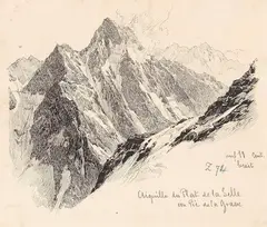 2 Bll.: Ansichten des Aiguille du Plat de la Selle, vom Pic de la Grave und von Südosten aus gesehen by Edward Theodore Compton, Ca. 1870, Pen and India ink drawing, sold May 2015