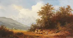 Andreas Mitterfellner, Heuernte mit Blick auf das Wettersteingebirge, Oil on panel