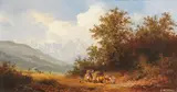 Andreas Mitterfellner, Heuernte mit Blick auf das Wettersteingebirge, Oil on panel