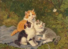 Benno Kogl, Drei Kätzchen mit Schmetterling, Oil on panel