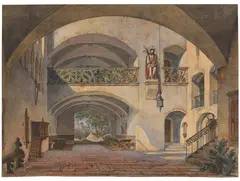 Anton Höchl, Innenhof eines Klosters mit Schmerzensmann und Durchblick auf eine Burg, 1845, Watercolor
