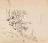 Hans Thoma, Vorstudie zu dem Gemälde "Abendlandschaft", Ca. 1879, Pen and ink drawing