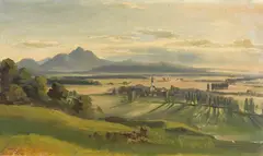 Josef Mayburger, Blick von Salzburg gegen Bayern mit dem Dorf Liefering und dem Hochstaufen, Ca. 1860, Oil