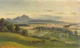 Josef Mayburger, Blick von Salzburg gegen Bayern mit dem Dorf Liefering und dem Hochstaufen, Ca. 1860, Oil