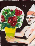 Elvira Bach, Frau mit Blumenstrauß, 1999, Acrylic