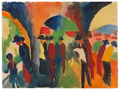 August Macke, Unter den Lauben von Thun (Ein Spaziergängermotiv), 1913, Watercolor