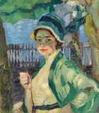 Leo Putz, Porträt einer Dame unter grünem Schirm (Frieda Blell)
