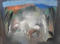 Béla Kádár, Traumlandschaft (Pferde und Figuren im Licht Nr.II.), Wohl um 1940, Gouache