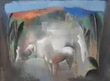 Béla Kádár, Traumlandschaft (Pferde und Figuren im Licht Nr.II.), Wohl um 1940, Gouache