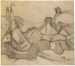 Adolf Hölzel, Segelboote vor Knokke, 1913, Charcoal drawing