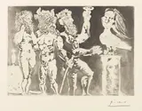 Pablo Picasso, Chez la Pythie-Harpye, homme au masque de Minotaure et femme au masque de sculpteur, 1934, Aquatint