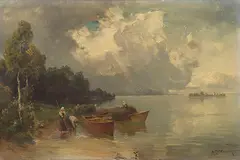 Josef Wopfner, Verschiffung der Heuernte am Chiemsee mit aufziehendem Gewitter, 1908, Oil on canvas