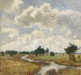 Paul Baum, Sonnig-wolkiger Himmel über moorigen Wiesen mit Bachlauf, 1886, Oil on cardboard