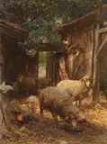 Heinrich von Zügel, Schafe und Lämmer beim Hühnerstall
