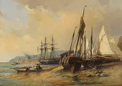 Jules Achille Noël, Segelschiffe und Fischerboote am bretonischen Strand (Brest?), Ca. 1860/70, Oil on canvas