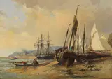 Jules Achille Noël, Segelschiffe und Fischerboote am bretonischen Strand (Brest?), Ca. 1860/70, Oil on canvas